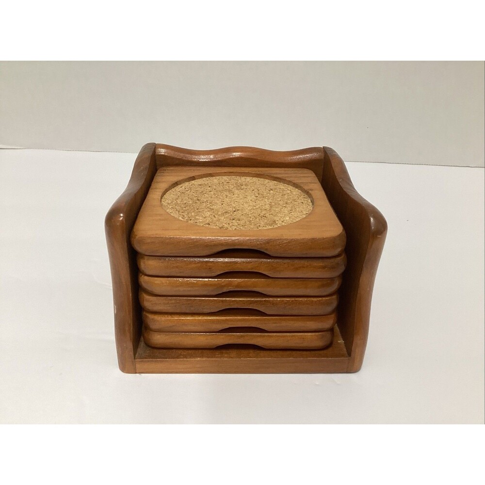 kamenstein coaster set 6 piece wooden cork w/holder MCM retro